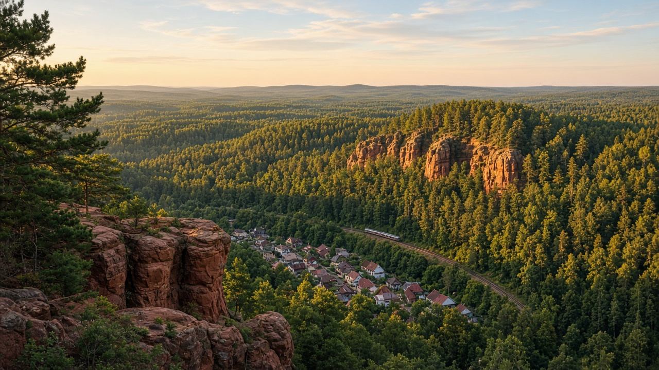 Wanderer auf einem Kammweg zwischen roten Sandsteinfelsen und Wald im Pfälzerwald