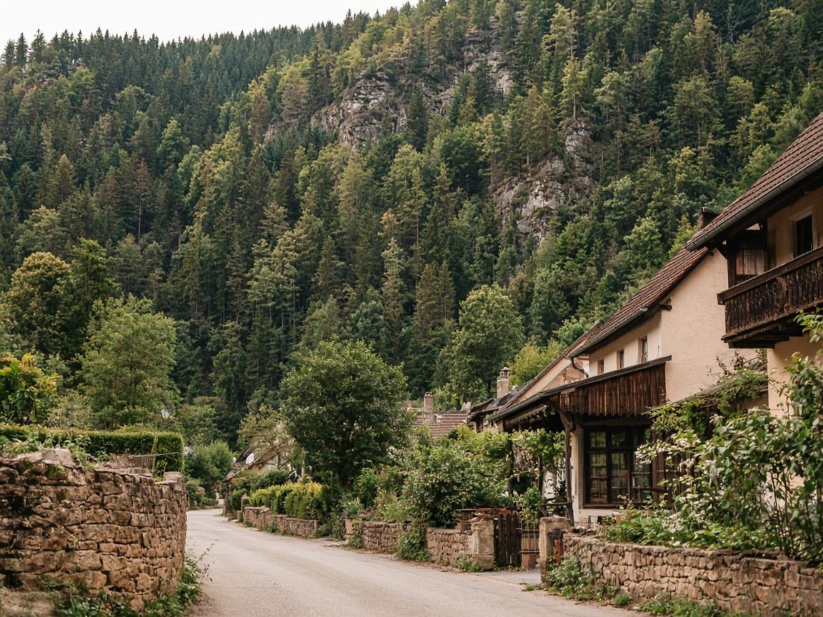 Kleines Dorf am Waldrand des Pfälzerwaldes mit Sandsteinfelsen im Hintergrund